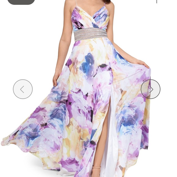 XSCAPE Floral Print Embellished Waist Gown Dress - Picture 2 of 16